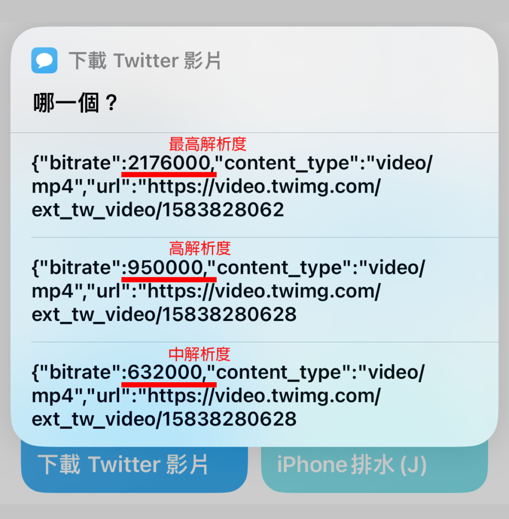 選擇下載推特影片的解析度
